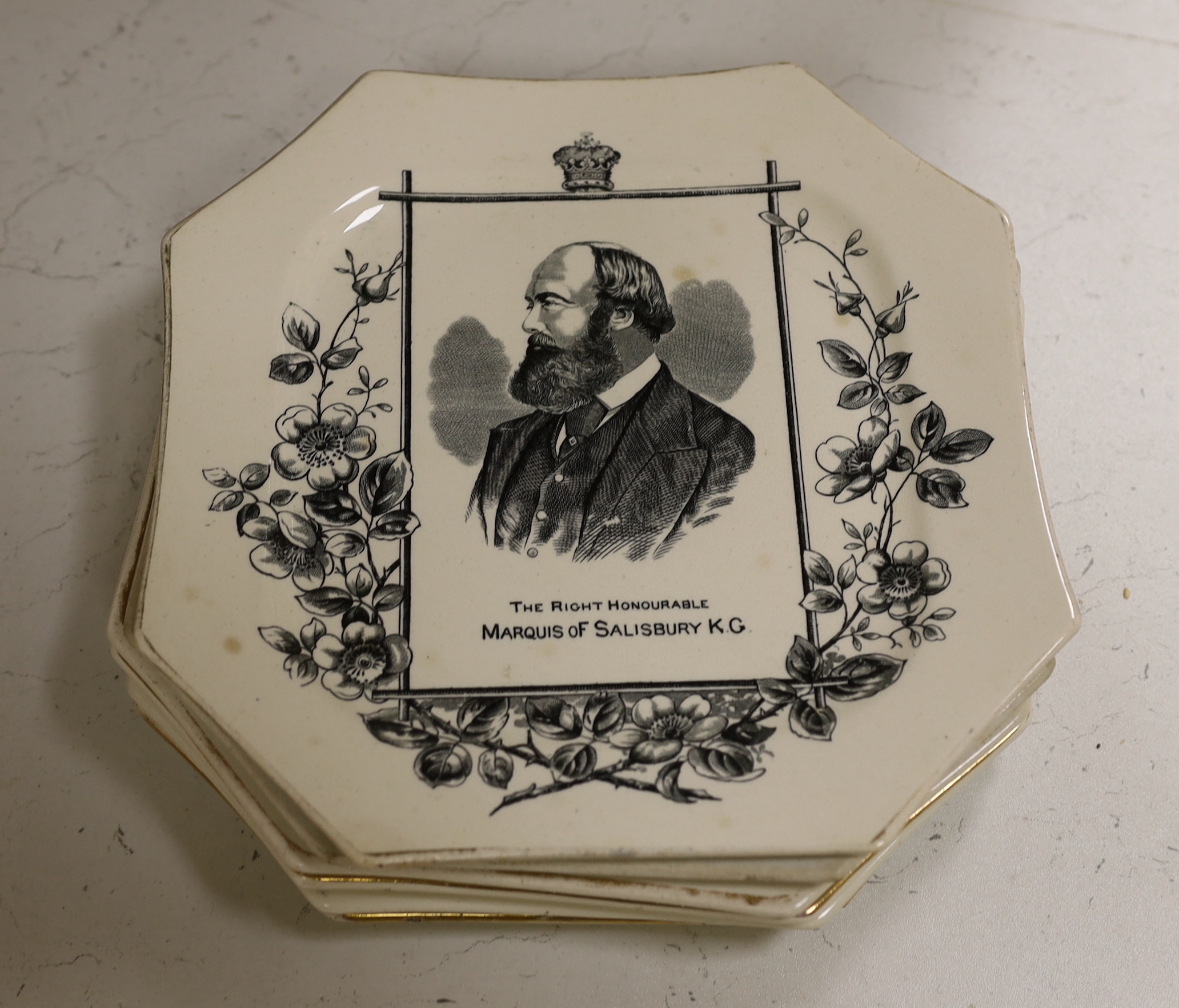 Six Wallis Gimson plates of 19th century politicians with eight Wedgwood Ivanhoe plates